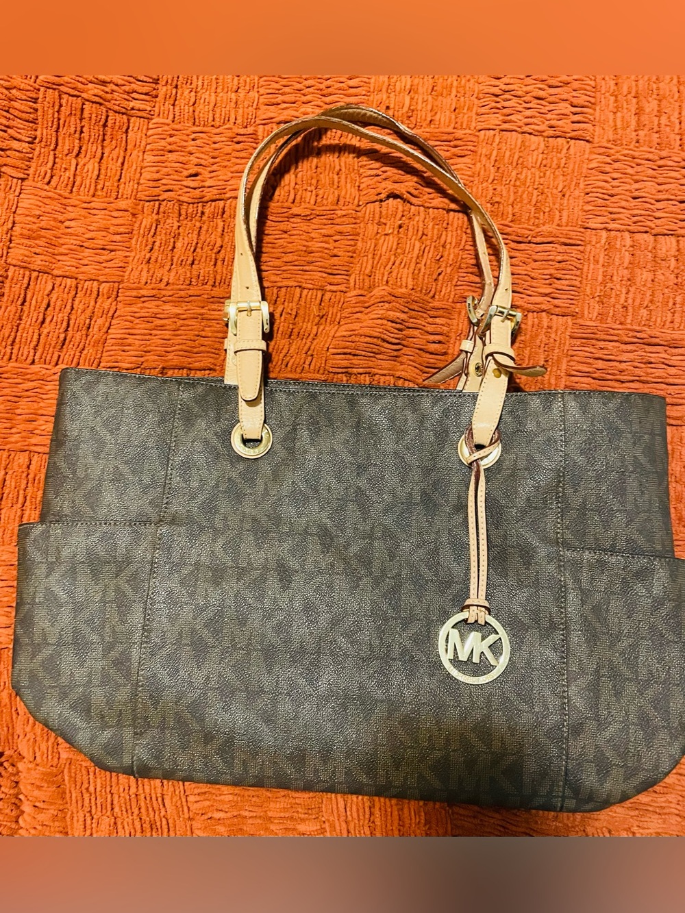 Michael Kors Jet Set East/West Brown Signature Tote with Beige Straps